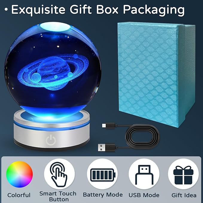 3D Saturn Crystal Ball Night Light with LED Colorful Lighting Touch Base 3.15 In Saturn Planet Glass Sphere Lamp for Birthday Christmas, Astronomy Space Universe Home Decor Gifts for Women Men Kids