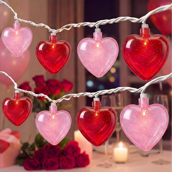 Valentine's Day Decor 8.5Ft Heart Fairy String Lights with 10 Red Pink 3D Lights, Plug in Valentine's Day Love Heart String Lights for Indoor Outdoor Patio Wedding Anniversary Party Decorations