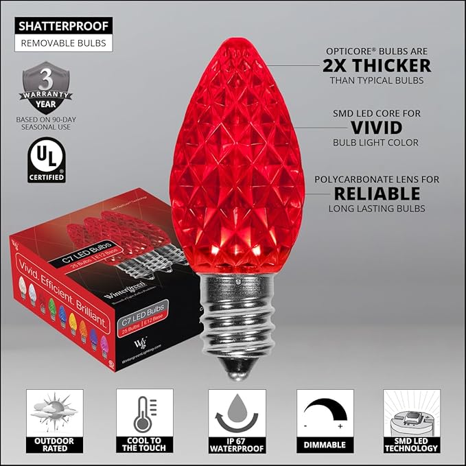 Wintergreen Lighting Set of 100 C7 OptiCore Red Commercial LED String Christmas Lights, Outdoor Christmas House Lights; Green Wire (100 ft)