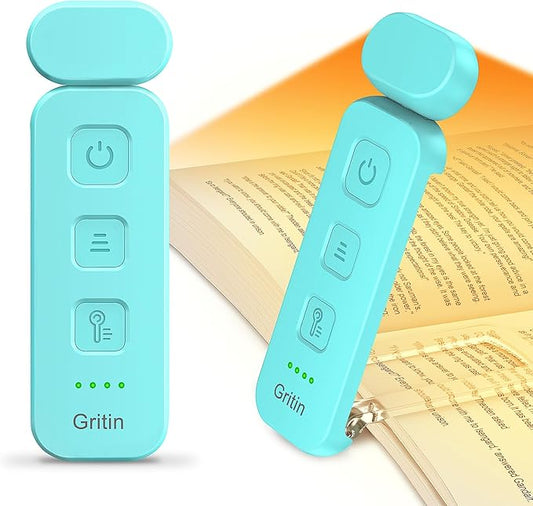 Gritin Reading Light, Rechargeable Book Light for Reading in Bed - Eye Caring 3 Color Temperatures, 5-Level Dimmable Brightness, Long Lasting, Compact Size Clip on Book Lamp for Bookworms-Blue