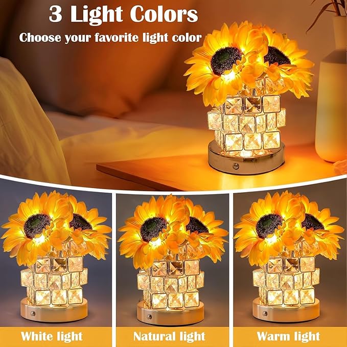 ONXE Rose Lamp, Flower Lamp 3 Colors Dimmable Crystal Table Light, Romantic Rechargeable Cordless Touch Lamp for Bedroom Living Room Pink Decor, Christmas Birthday Gifts for Women Mom (Sunflowers)