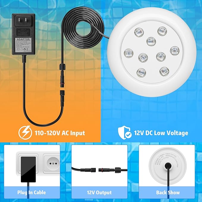 5 Watts Pool Lights with Remote Control,Small LED Pool Light With Remote,IP68 Waterproof Pool Light Kit with Plug In Cable, Mini Pool Light Fixture for Inground Pool(Plug Cable Built-in Power Converte