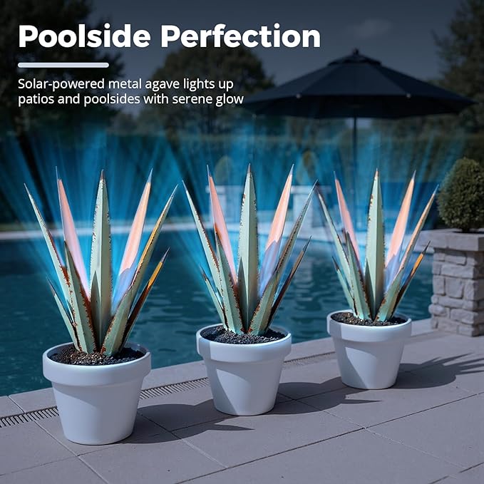 24” Large Solar Metal Agave Plants Outdoor Decor, Tequila Rustic Sculpture Outdoor Statues, Garden Sculpture for Patio Path Courtyard and Lawn (Vintage Blue-Solar Light)