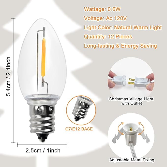 Accessory Cord with 12 Led Light Bulb, LED Light Bulb C7 Cord Clip Lights Christmas Cabin for Spring, Summer Party, Wedding, Patio Decorations,Christmas Village Houses Craft Decoration