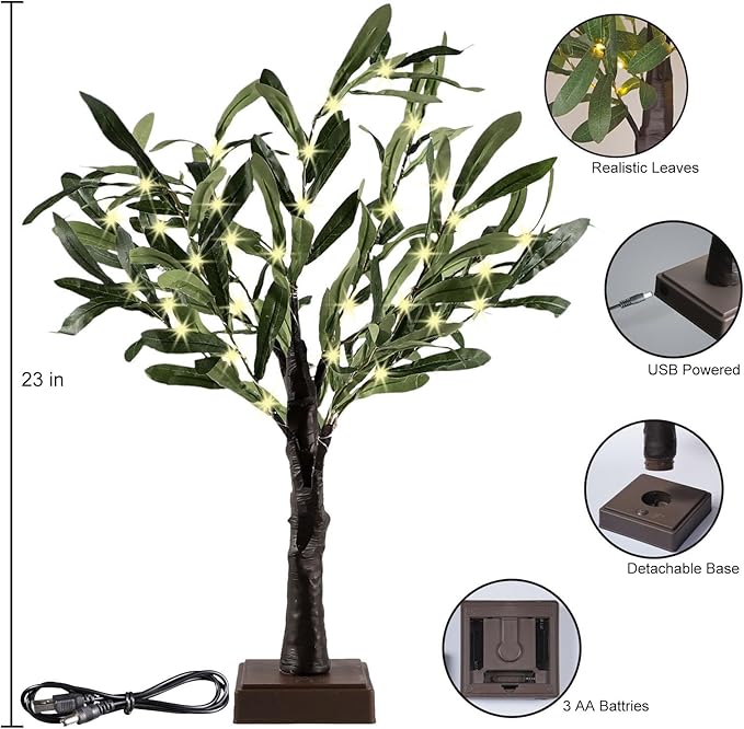 2FT Easter Olive Tree with LED Lights, 30 LED Artificial Twinkle Tree with Timer, Lighted Greenery Tree Bonsai Fairy Tabletop Lamp Tree for Home Decor