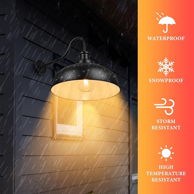 Outdoor Gooseneck Barn Light,16 Inch Dome Outdoor Wall Sconce Farmhouse Exterior Wall Mount Light Vintage Wall Lighting Fixture Industrial Black Wall Lantern for Porch, Entryway, Garage, 1 Pack