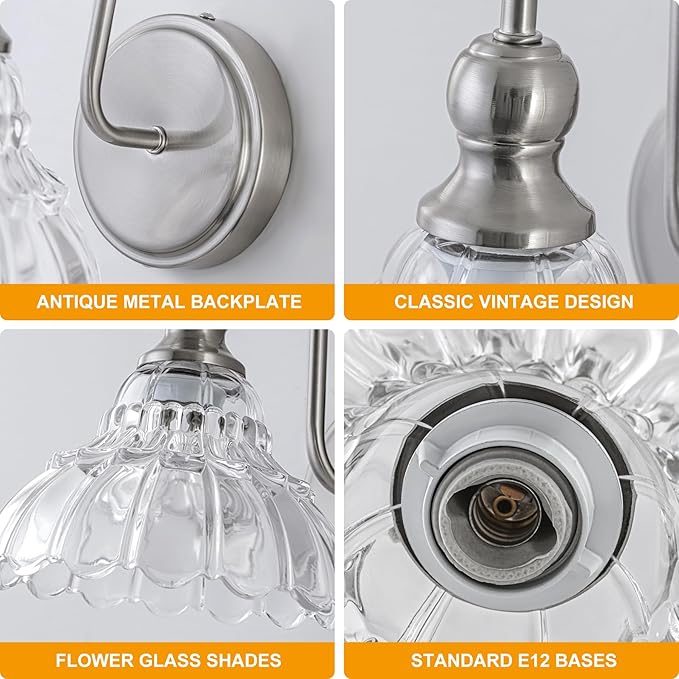 Vintage Bathroom Light Fixtures Over Mirror, 1-Light Brushed Nickel Wall Sconce Lighting with Flower Glass Shade, Farmhouse Vanity Lights for Bedroom Kitchen Living Room Hallway Light