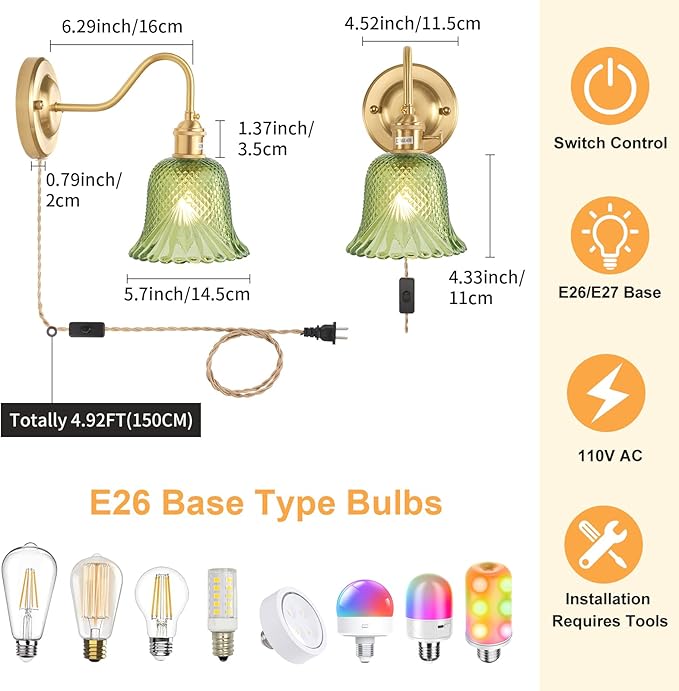 Plug in Wall Sconce Set of 2, Gold Vintage Wall Decor Lights with Green Diamond Flower Glass Shade, Indoor Brass Corded Wall Lamp Fixture for Bedroom Living Room Bathroom Hallway