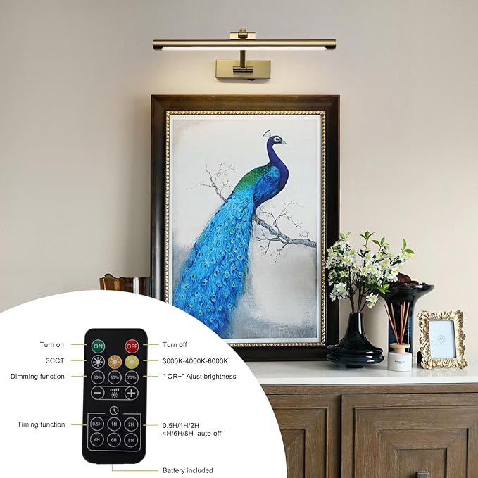 Wireless Picture Lights for Wall Battery Operated Brass Art Light for Paintings with Remote 3CCT Dimmable Potrait Lighting Rotatable Display Lighting 16" Rechargeable Wall Lamp for Frame Dartboard