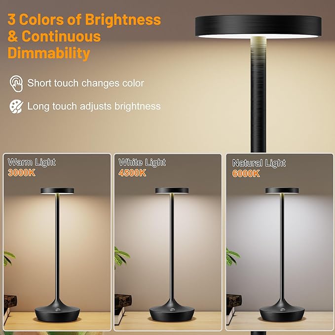 Cordless Table Lamp Rechargeable - 6000mAh LED Battery Operated Table Light - Portable Touch Dimmable Outdoor Waterproof Table Lamps for Patio Restaurant Dining (2 Black)
