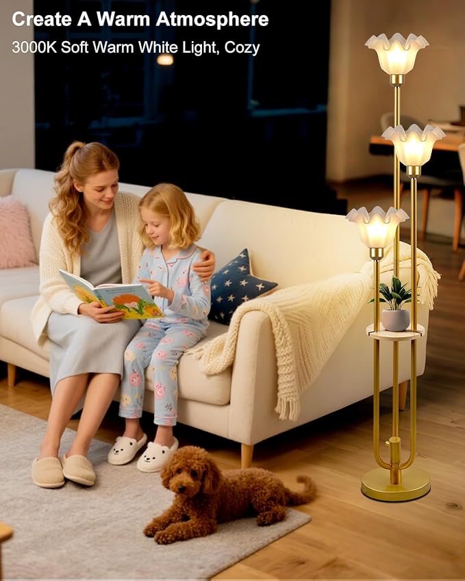 Lightdot Flower Floor Lamp for Living Room, Dimmable Vintage Floor Lamp with Shelf &Bulbs Included, 3 Light 3000K Gold Mid Century Standing Lamp, Floral Tall Lamp for Bedroom/Sofa Beside/Corner Decor