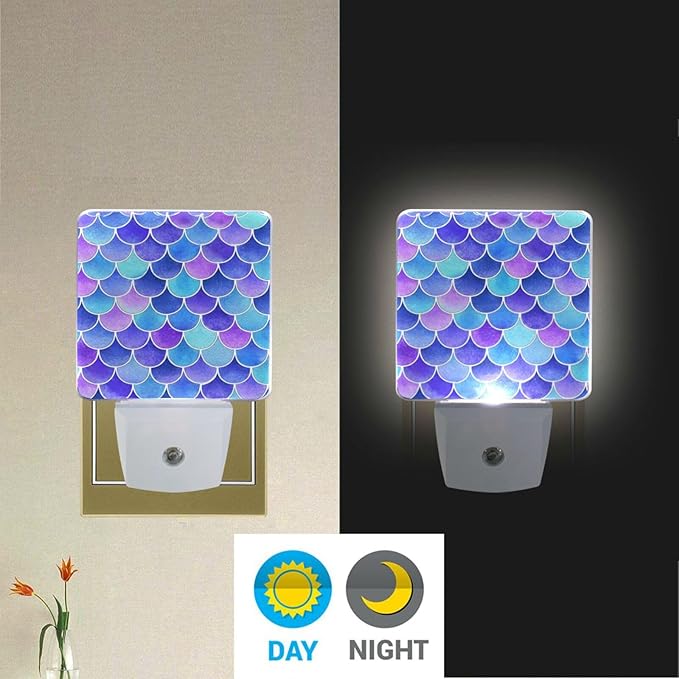 Vdsrup Mermaid Scales Night Light Set of 2 Rainbow Galaxy Plug-in LED Nightlights Auto Dusk-to-Dawn Sensor Lamp for Bedroom Bathroom Kitchen Hallway Stairs