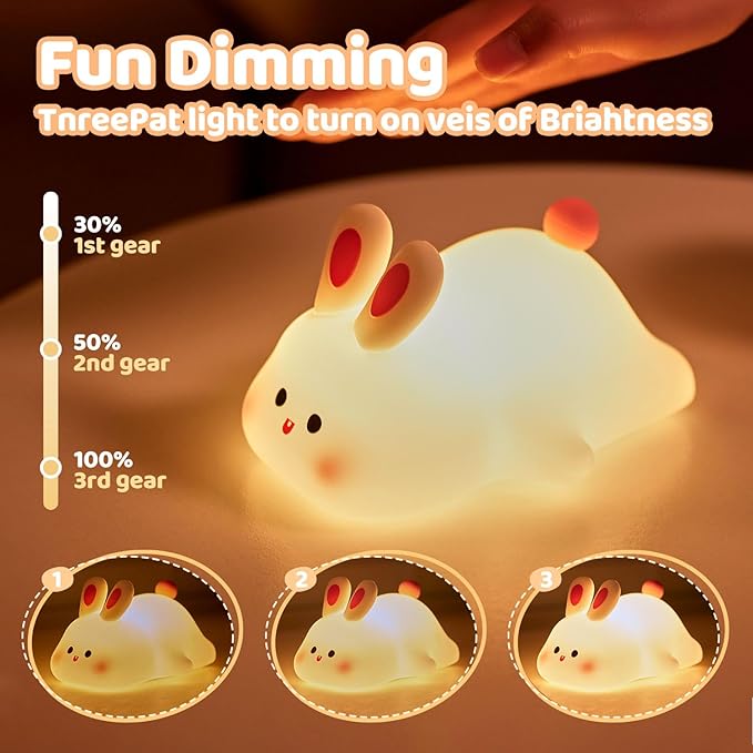 Big Face Rabbit Night Light, 3-Level Pat Control & Cute Squishy Lamp for Kids Room, USB Rechargeable with Timer, Easter Gifts