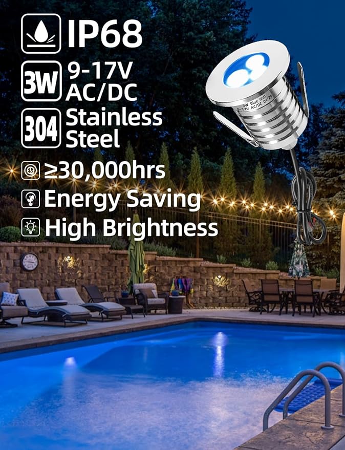 MALORY Low Voltage Pool Lights, Full Stainless Steel 3W Inground LED Underwater Swimming Pond Light IP68 Waterproof Fountain Accessories Landscape Lights (1-Pack Blue)