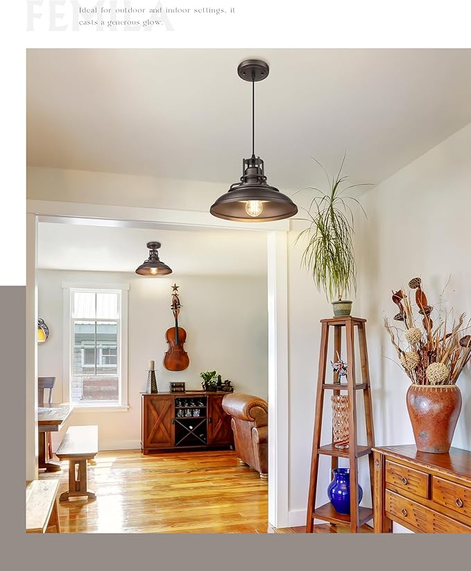 FEMILA Farmhouse Pendant Light,12" Barn Vintage Hanging Light Fixture for Kitchen Island, Adjustable Height,Oil Rubbed Bronze Finish, 4FY15-MP ORB