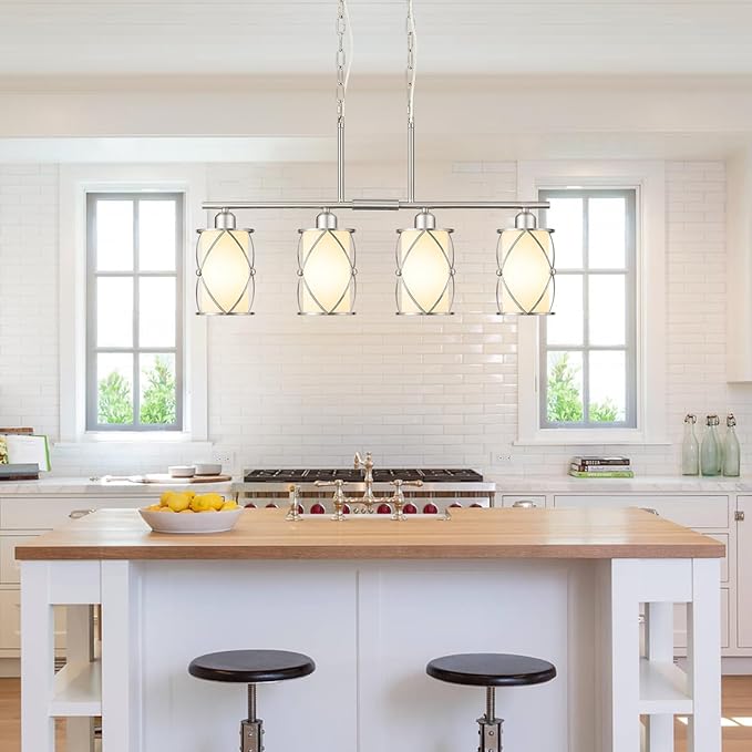 4-Light Kitchen Island Lighting, Linear Brushed Nickel Dining Room Light Fixtures with Milk Glass, Modern Industrial Chandelier Pendant Light for Kitchen Island Dining Room, CH9176BNW-4IS