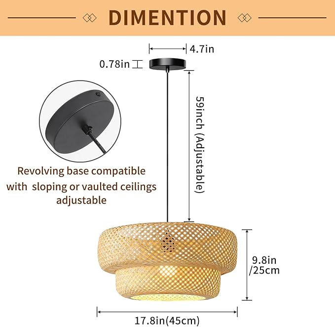 Bamboo Pendant Light, 18inch Hand-Woven Wicker Rattan Bamboo Chandelier, 2-Tier Beige Boho Rustic Island Dining Ceiling Hanging Light for Living Room, Kitchen, Farmhouse, Bedroom