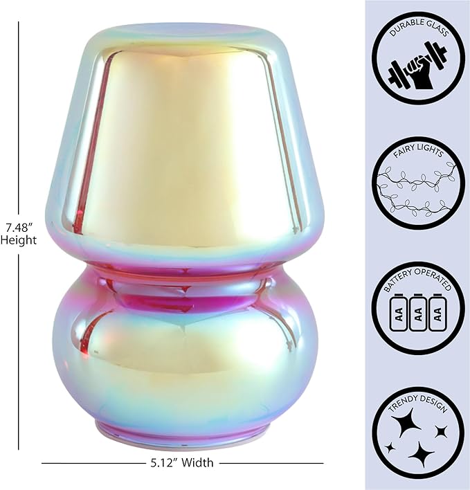Urban Lifestyle Iridescent Glass Mushroom Lamp,7" Glass Novelty Table Light, Battery Powered Retro Decor for Bedroom, Living Room, Dorm