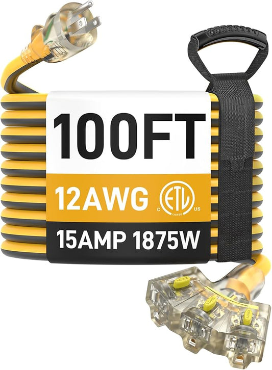 100FT Outdoor Extension Cord with Multiple Outlets, 12/3 Gauge Heavy Duty, 15A 1875W, 3 Prong with LED Light & Locking Plug, Weather Resistant, ETL Certified for Lawn Mower, Tools, Christmas Lights