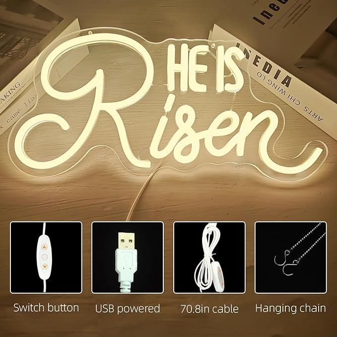 He Is Risen Neon Sign Easter Neon Signs for Wall Decor Jesus Led Sign USB Neon Lights for Bedroom Christmas Party He Is Risen Easter Decor