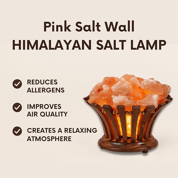 Himalayan Salt Lamp Basket – Salt Lamp with Wooden Bowl – Authentic Himalayan Crystal Night Light – Natural Pink Rock for Bedroom, Living Room, Office and Decor Gift