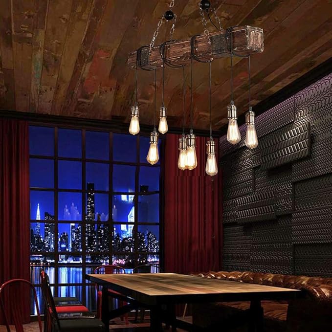 Rustic Chandeliers for Dining Room Height Adjustable Pendant Lighting 8-Light Industrial Farmhouse Chandelier 37.4" Retro Wood Island Lights for Kitchen & Pool Table