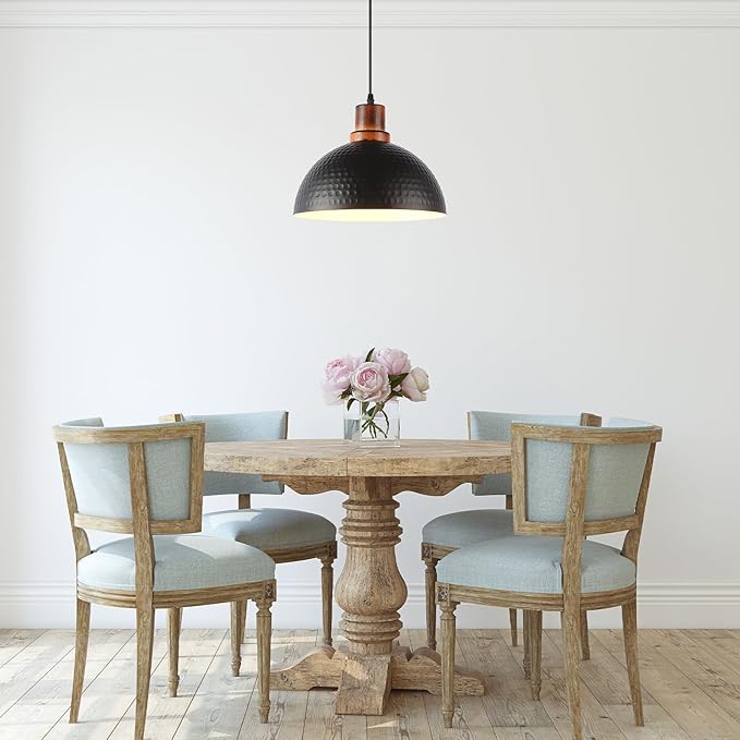 Black Pendant Lights Kitchen Island, 11.8" Hammered Metal Black Dome Pendant Lighting Black and Wood Pendant Light Fixture Hanging Ceiling Light for Dining Living Room Restaurant Sink