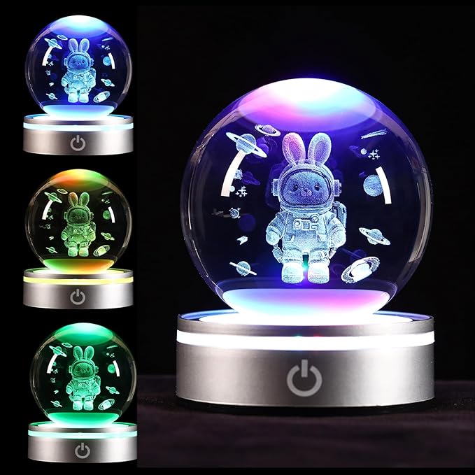 Space Bunny 3D Crystal Ball Night Light Gifts for Kids, Ideal Birthday Gift, Easter Bunny Decor Desk Astronaut Toys Crystal Ball Lamp