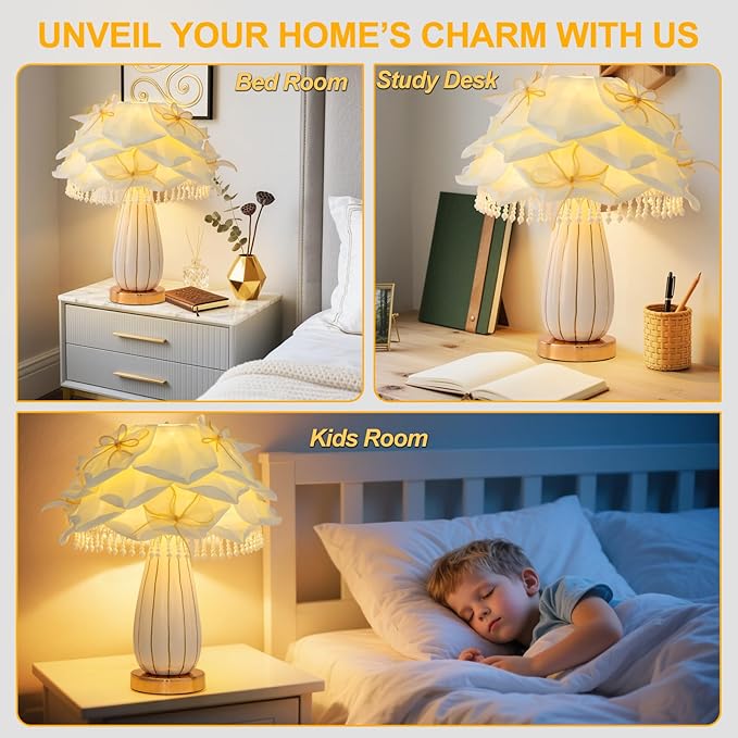 White Flower Girls Table Lamp Modern Princess Desk Lamp Cute Bow Bedside Lamp Nordic Nightstand Petal Light for Bedroom Valentines Dating Wedding Living Room Entry Office Study Room