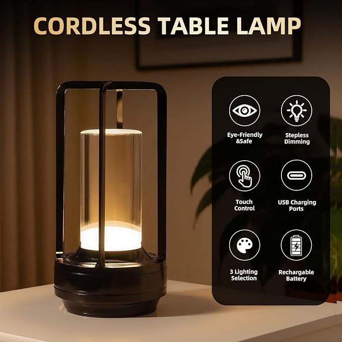 2-Pack Portable Touch Control Table Lamp with 5000mAh Battery, 3-Color Stepless Dimming Cordless LED Light for Bedroom/Camping/Restaurant/Bar Indoor & Outdoor (2-Pack Pearl Black)