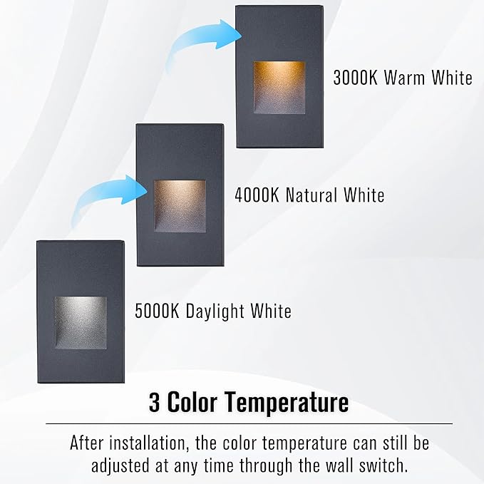 Step Lights Outdoor Indoor LED 12V Low Voltage, 3 Color Adjustable 3000K/4000K/5000K 4W Stair Lights, 150LM IP66 Waterproof Vertical Black Lights for Steps, 3-Pack