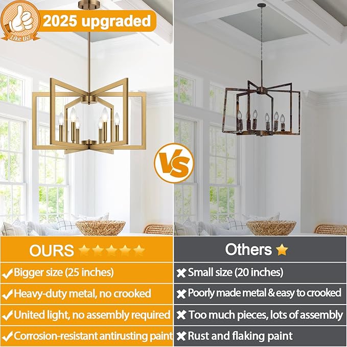 25" Modern Brass Chandelier for Dining Room, No Assembly Required Brass Dining Room Light Fixture Over Table, Industrial Metal Hanging Pendant Lights Fixture for Kitchen Island, Entryway, Foyer