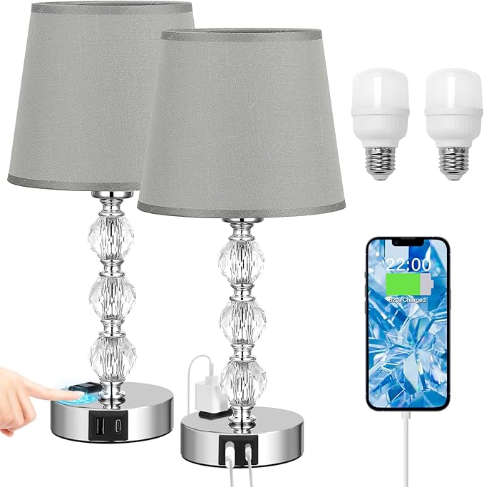 Acaxin Crystal Table Lamp Set of 2 for Bedroom/Living Room, 14.6in (Gray)