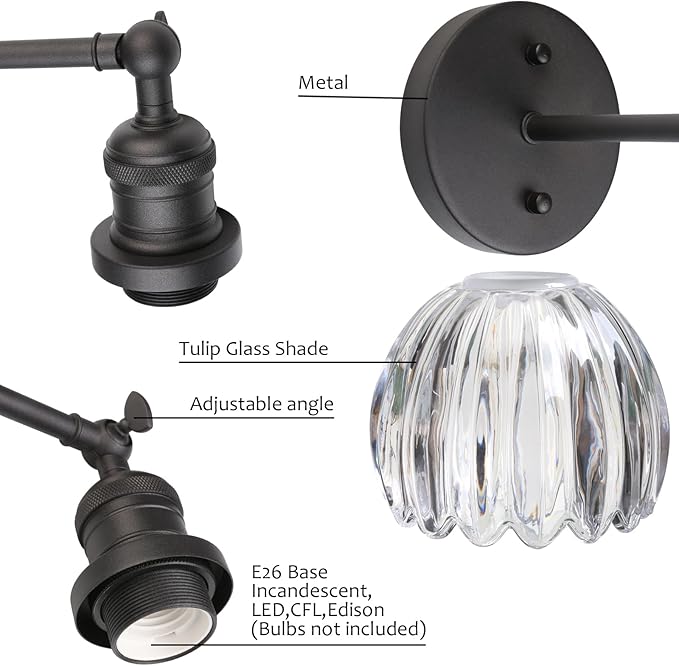 Pathson Adjustable Wall Sconce Lamp with Tulip Thick Glass, Hardwired Bathroom Sconce Matte Black Wall Vanity Light Fixture for Living Room Farmhouse Bedside Lighting