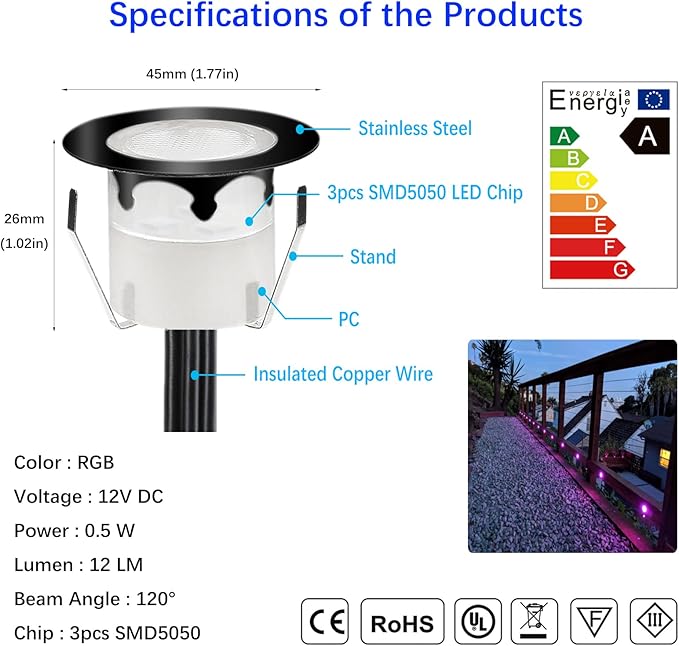 LED Outdoor Deck Lights with Photocell, RGB Φ1.77in Low Voltage 12V DC IP67 Waterproof, Remote Dimmable Multi Color Change, Electric Wired Recessed Stair Step Landscape Lighting, 8 Pack Black