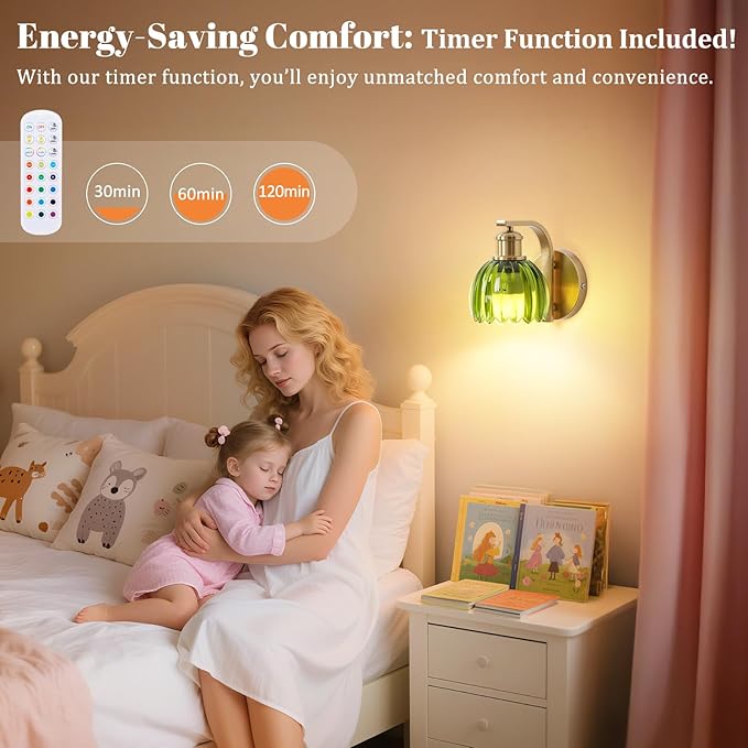 Rechargeable Battery Operated Wall Sconce with Green Glass Lampshade, Wireless Wall Scone Decor with Remote Control, 15 Colors Gold Wall Light for Bedside Hallway Bedroom Doorway