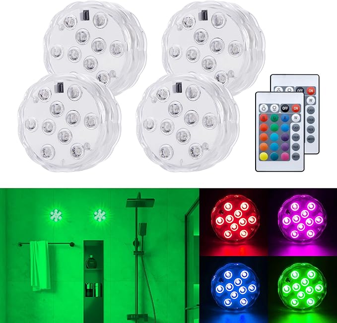 4Pcs Wireless Bathroom Lights with Remote Control, Battery Powered Multi Color Shower Lights, Waterproof Vanity Led Light for Bath Shower Spa Room, for Over Mirror Wall Ceiling Light