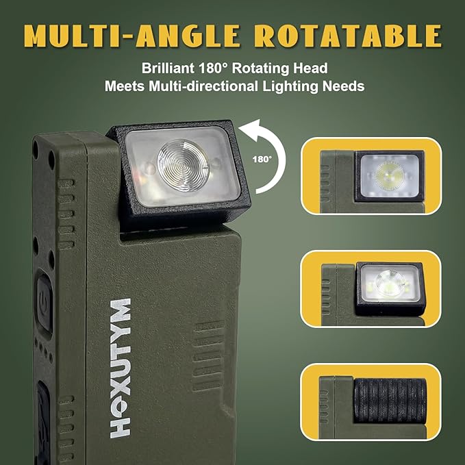 Clip-on LED Rechargeable Flashlights – 500lm EDC Mini Pocket Light, Hands-Free Magnetic Work Light with 180° Rotatable Clip & RGB Emergency Mode for Camping, Hiking, Repairs, Walkies