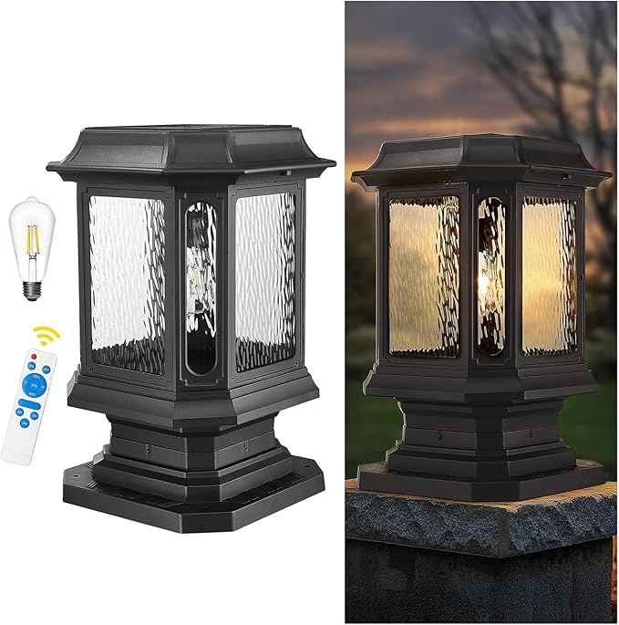 Emliviar Exterior 23.5 Inch Solar Post Light, Outdoor Aluminum Post Lamp with Pier Mount Base, Integral Black LED Pillar Lantern with Water Ripple Glass, XE310P SL BK-SW