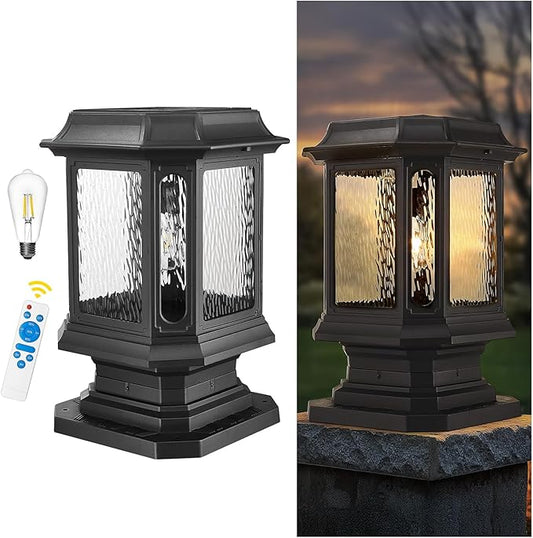 Emliviar Exterior 23.5 Inch Solar Post Light, Outdoor Aluminum Post Lamp with Pier Mount Base, Integral Black LED Pillar Lantern with Water Ripple Glass, XE310P SL BK-SW