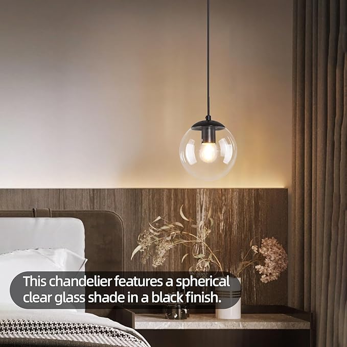 KoKo&Yukina 6-inch mini Modern Globe Pendant Light Clear Glass with Black Finish Contemporary Mid Century Adjustable Hanging Light Fixture for Living Room Bedroom Kitchen Island (Bulb Incl.)