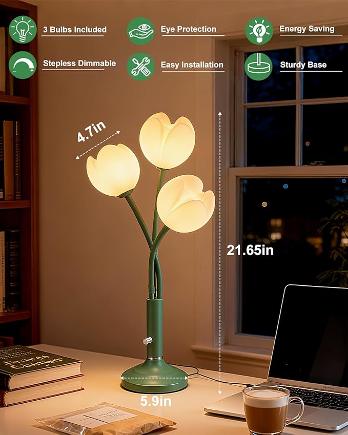 Lightdot Vintage Flower Table Lamp Set of 2, Green Small Cute Bedside Lamp with Adjustable Gooseneck& Bulbs, 3000K Warm Light Dimmable Desk Lamps Nightstand Light for Bedroom Living Room