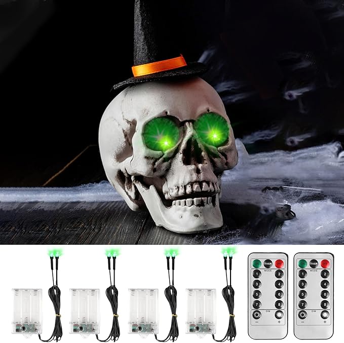 4 Pack Halloween Decoration LED Glowing Light Up Skulls Eyes, Horror DIY Glowing Eyes Lights Battery Operated for Halloween Decoration Masks, Skulls, Pumpkin, Spider, Tombstone Props (Green)