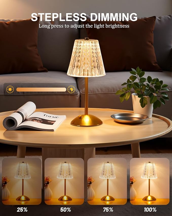 Cordless Touch Table Lamp, 3500mAh LED Rechargeable Small Dask Lamp, 3 Colors Dimmable Battery Operated Crysta Lamp for Bedroom Restaurant Kitchen Home Decor, Gold