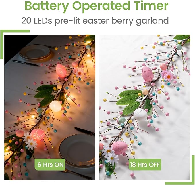 6 FT Pre-Lit Easter Garland with 20 LED Lights & 8 Mode Timer, Mixed Pastel Easter Pip Berry Spring Galand for Mantle Decorations, Lighted Artificial Easter Egg Garland for Fireplace Table Holiday
