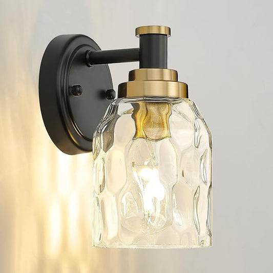 zeyu Modern Wall Sconces, 1-Light Sconces Wall Lighting, Industrial Bathroom Vanity Light Fixture with Water Ripple Glass Shade, Black and Gold Finish, ZG33B BK+BG-WG