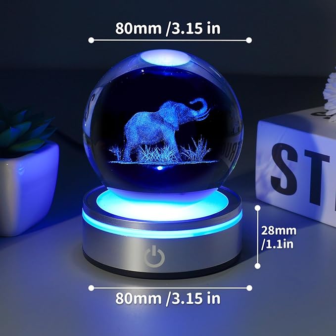 3D Crystal Ball Night Light - Elephant Gifts for Women, 3.15 In, Glass Lamp Home Decor for Birthday Christmas with LED Colorful Touch Base, Elephant Figurine Gifts for Her, Kids, Friends