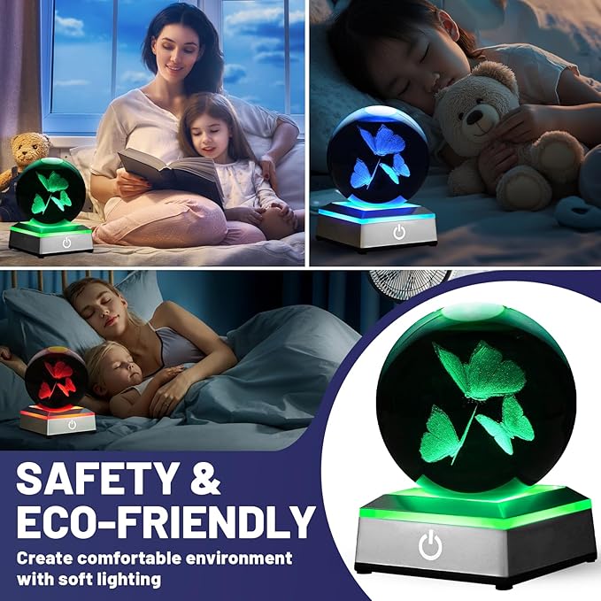 3D Crystal Ball Night Light with LED Colorful Touch Base - Butterfly Gifts for Women, Kids & Teens - 3.15' Glass Sphere Lamp - Home Decor