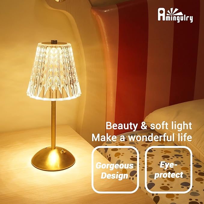 Cordless Table Lamp, 4000mAh Rechargeable Battery Operated Lamp, 3 Color Modes & Stepless Dimmable LED Touch Lamp, Portable Crystal Metal Beside Lamps for Bedroom Restaurant Outdoor(Gold)