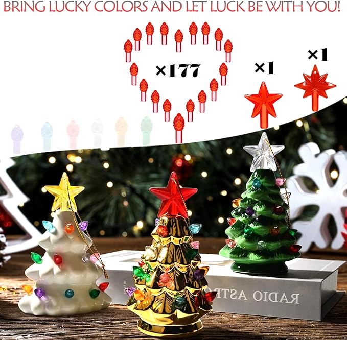 Red Replacement Lights Bulbs for Ceramic Christmas Tree, Mini Flame Light Ornaments for Ceramic Tree, Small Twist Pegs Accessories for Crafts, 2 Stars Treetopper＆177 Bulbs Set